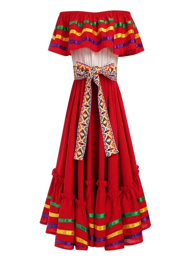 ODIZLI Mexican Dress for Girls - Folklorico Cinco de Mayo Fiesta Dress - Toddler Off-Shoulder Traditional - Little Girls Flamenco Ruffle Drape A Line Dress - Red, 9-10 Years - Image 2